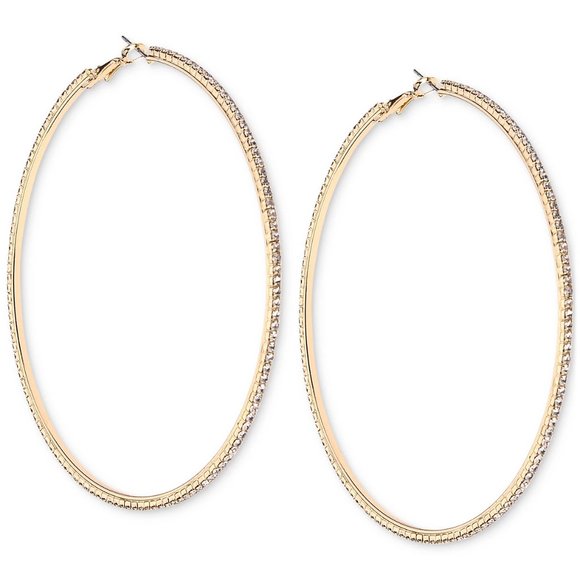 INC International Concepts Gold-Tone Large Pavé Slim Hoop Earrings, 2.36” NWT - Picture 3 of 4